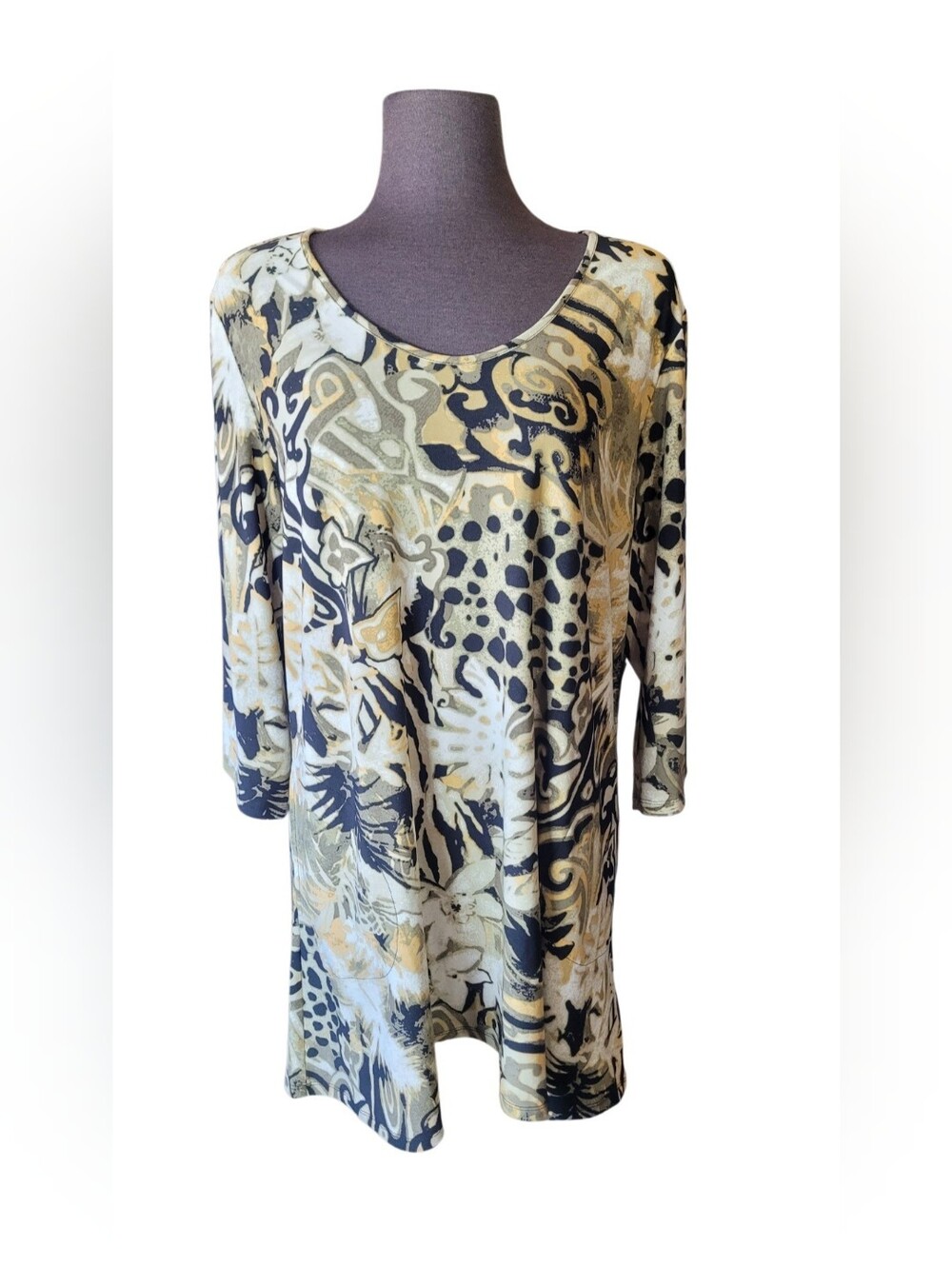 Attitudes by Renee Black and Beige Abstract Floral Scoop Tunic